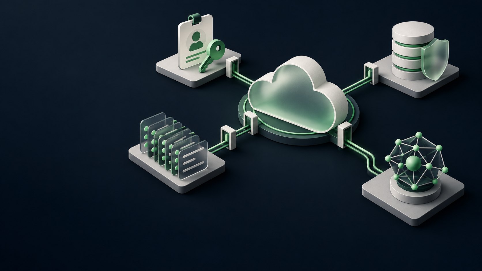 Illustration de quatre compétences reliées au cloud : identité, données protégées, journaux et intelligence artificielle.